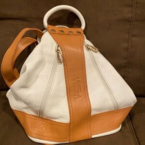 Vintage Valentina White & Tan Shoulder Tote with Gold Plaque